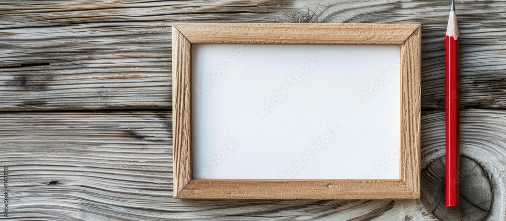 Poster wooden frame with blank paper note and pencil ideal for your copy space image