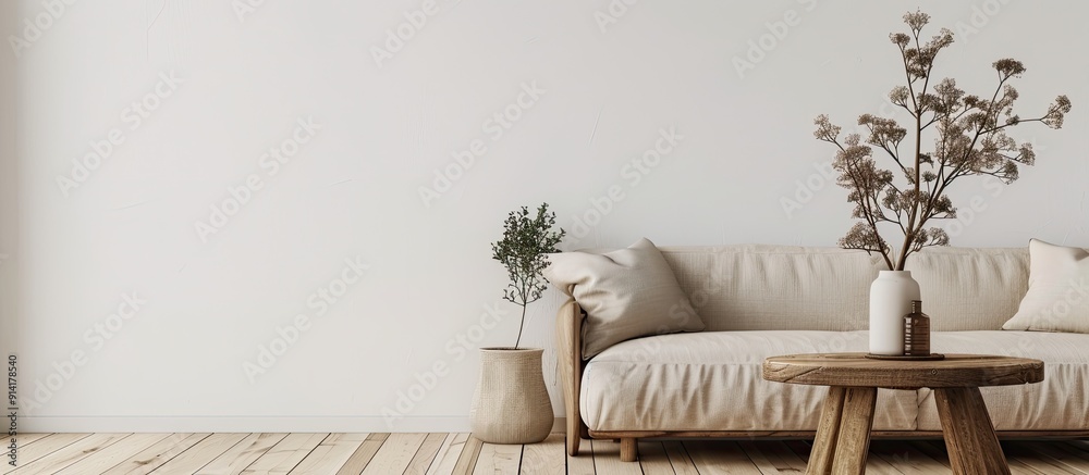 Poster minimal concept with a beige fabric sofa and wooden table on a wooden floor against a white wall pro