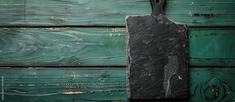 Poster a view from above showing a black stone cutting board placed on a green wooden tabletop with space f