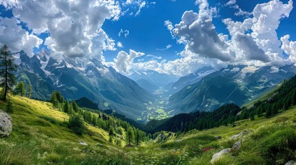 Fototapeta premium landscape capturing a thriving green forest valley against a dramatic mountain with a blue sky vie panorama