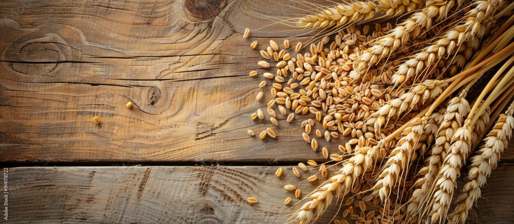 Poster wheat grains and ears displayed on a wooden table with a blank copy space image