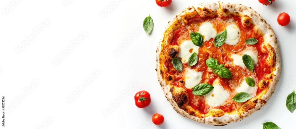 Poster Top view of a margherita pizza with copy space image presented on a white background