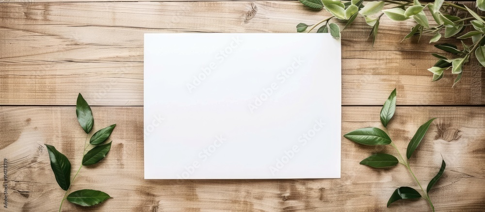 Poster top view of a white paper sheet on a table as a wedding invitation photo mockup with copy space imag