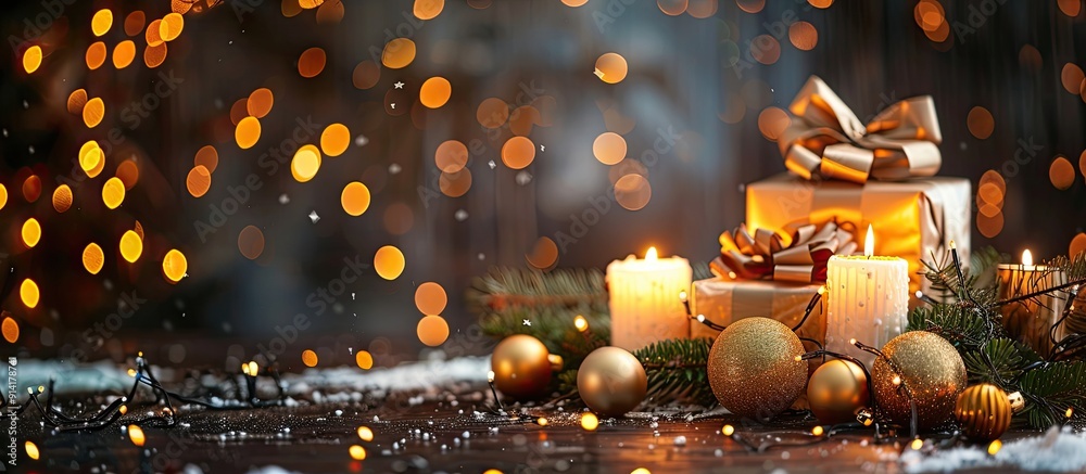 Fototapete a festive scene featuring christmas presents and lit candles with a background ideal for adding text