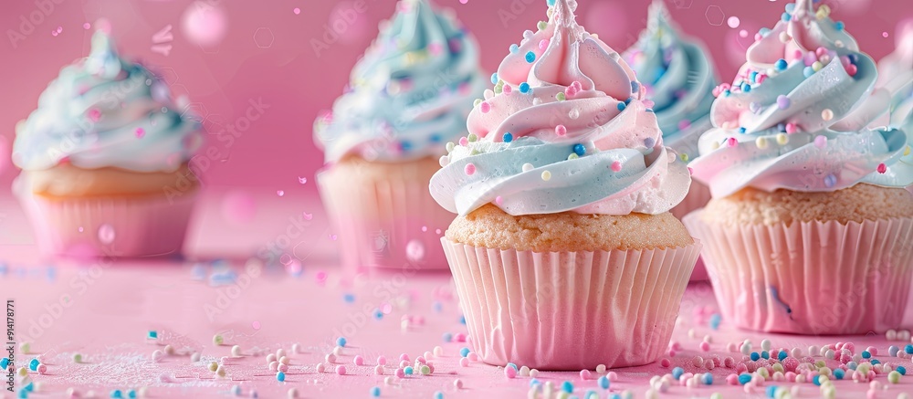 Poster galaxy whipped cream topped cupcakes on a pink backdrop with a space for text or image. creative ban