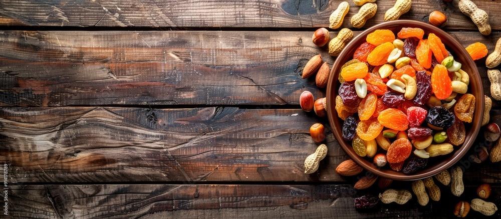 Poster plate of dried fruits and peanuts on a rustic wooden surface with available space for custom images.