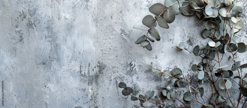Leinwandbilder eucalyptus twigs displayed on a grey concrete background for a greeting card with copy space image