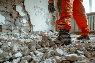 Fototapeta premium A man in an orange jumpsuit is working on a construction site doing demolition work.