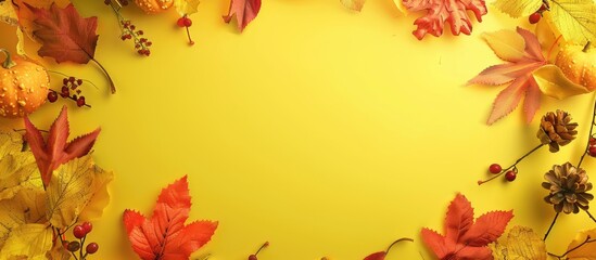 Obraz premium A fall foliage frame set against a yellow backdrop with ample space for additional images or text