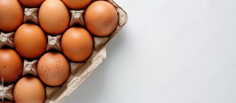 Poster Fresh raw chicken eggs in a brown carton bought from a market are easy to purchase cook and enjoy for good health Isolated on a white background with copy space image