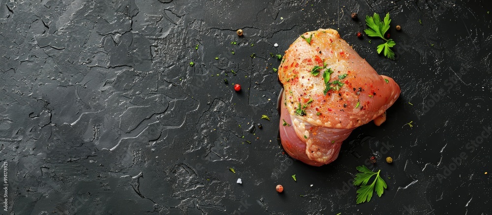 Aufkleber raw chicken leg thigh fillet seasoned for cooking displayed on a black background from above with sp