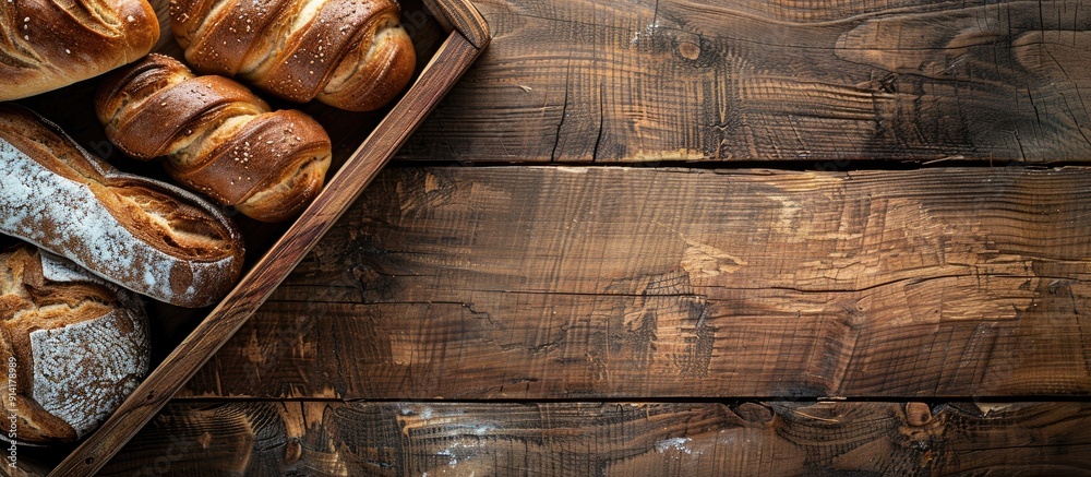 Poster Top down view of a wooden tray in a bakery setting with ample copy space image