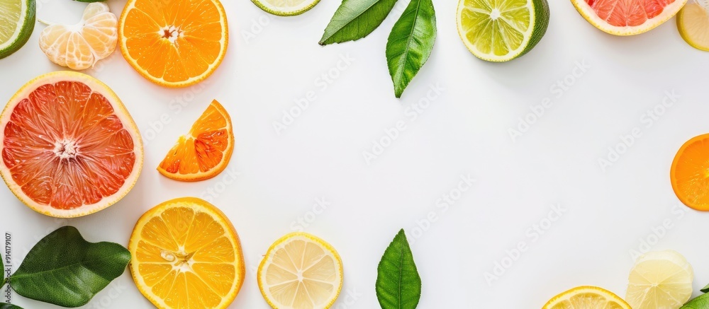 Aufkleber a variety of sliced citrus fruits and leaves arranged on a white table from an overhead perspective 