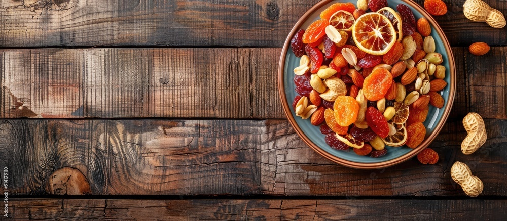Poster plate of dried fruits and peanuts on a rustic wooden surface with available space for custom images.