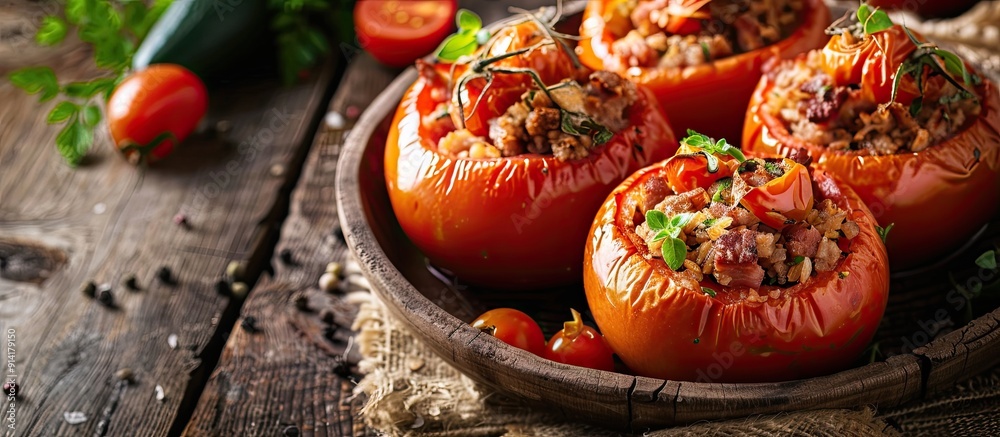 Fototapete stuffed tomatoes with a mix of pork beef and chicken served as a delicious second course baked and p