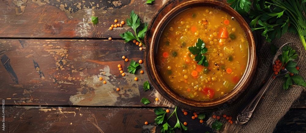 Poster Top view of lentil soup on a rustic vintage table with space for additional images