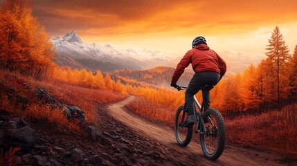 Fototapeta premium Mountain Biking Through Autumnal Forest at Sunset.