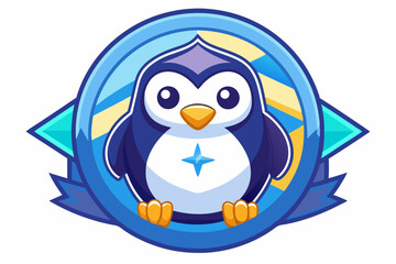 Cartoon Penguin in Blue and Yellow Circle Emblem