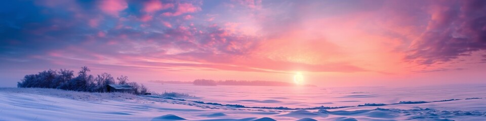Fototapeta premium A beautiful sunset over a snowy landscape. The sky is filled with pink and purple hues, creating a serene and peaceful atmosphere