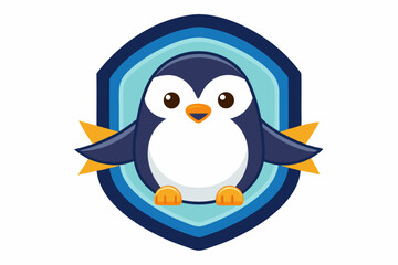 Obraz premium Cartoon Penguin in a Blue and Yellow Shield Shape
