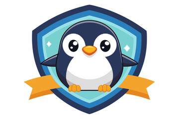 Obraz premium Cute Cartoon Penguin with Shield and Ribbon