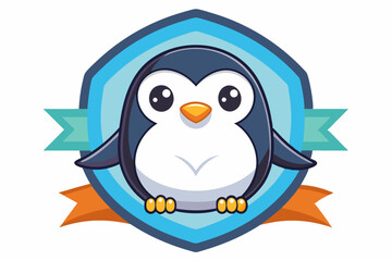 Naklejka premium Cartoon Penguin with Cute Eyes in a Blue Shield with Ribbons
