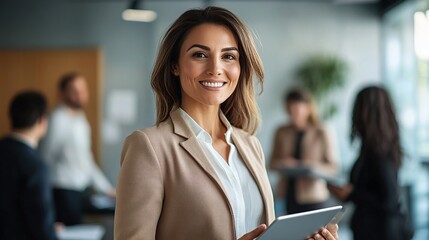 Businesswoman leader holding a tablet in her hand and standing in an office at team meeting.
