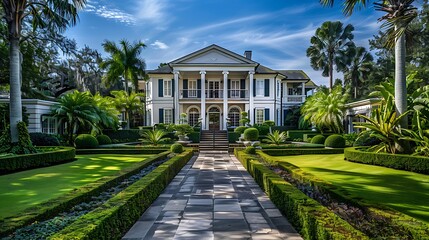 Fototapeta premium A Grand White Mansion with Lush Gardens