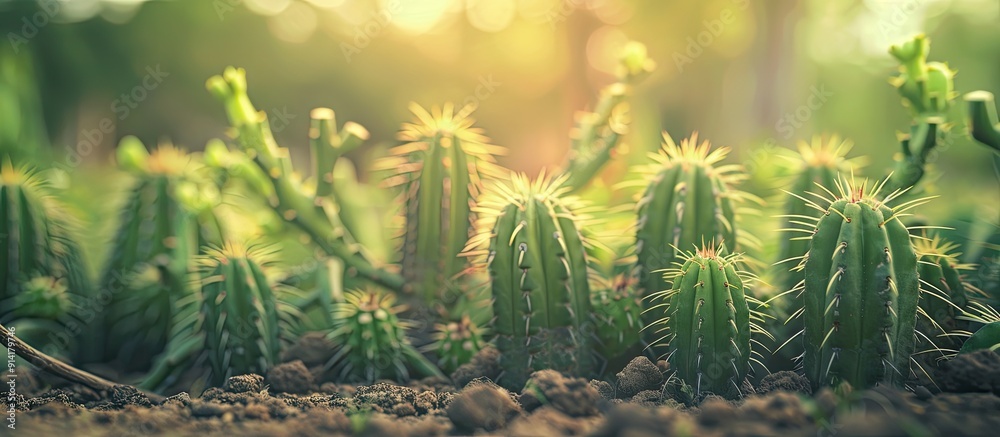 Aufkleber Vintage filter applied to soft selective focus image of cactus plants with copy space image