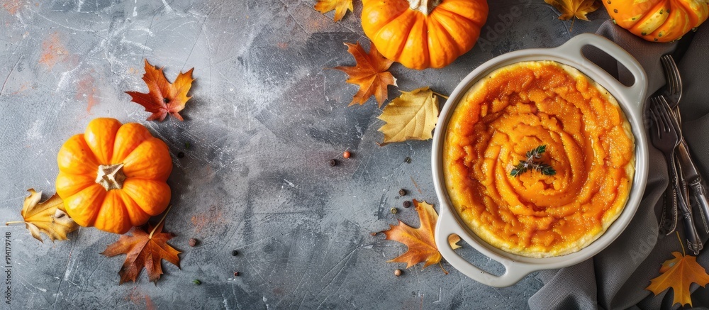Poster thanksgiving day themed rustic flat lay image featuring a vegetarian pumpkin soup puree and souffle 