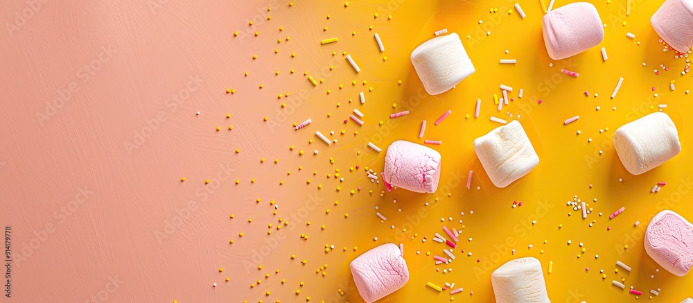Aufkleber Yellow and pink zephyr background with a small candy marshmallow on a sweet food fon featuring ample copy space image