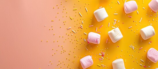 Yellow and pink zephyr background with a small candy marshmallow on a sweet food fon featuring ample copy space image
