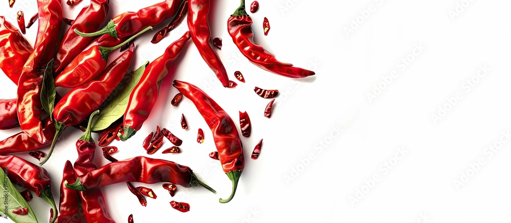 Poster isolated on a white background a vibrant image of hot red chilies with copy space image