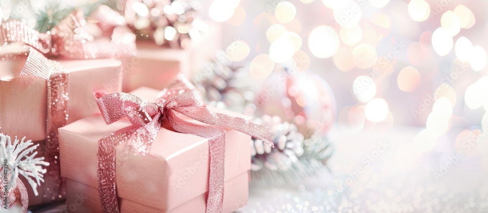 Poster gift boxes adorned with bows on a softly blurred white backdrop embodying a festive essence with a b