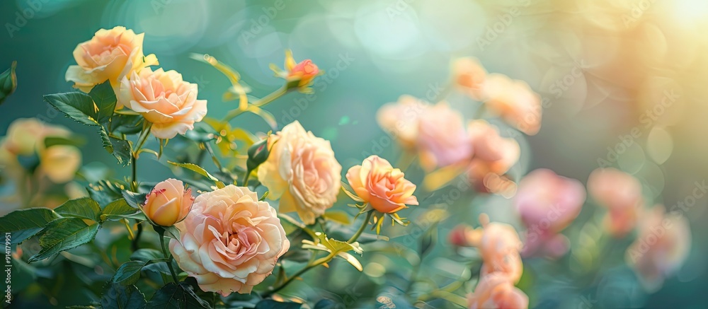 Aufkleber A stunning display of pink and yellow roses set in front of a softly blurred green background creating an aesthetically pleasing copy space image