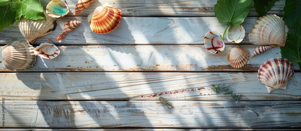 Poster wooden boards background with horizontal lines colorful sea shells sunglasses plant branch on the ri