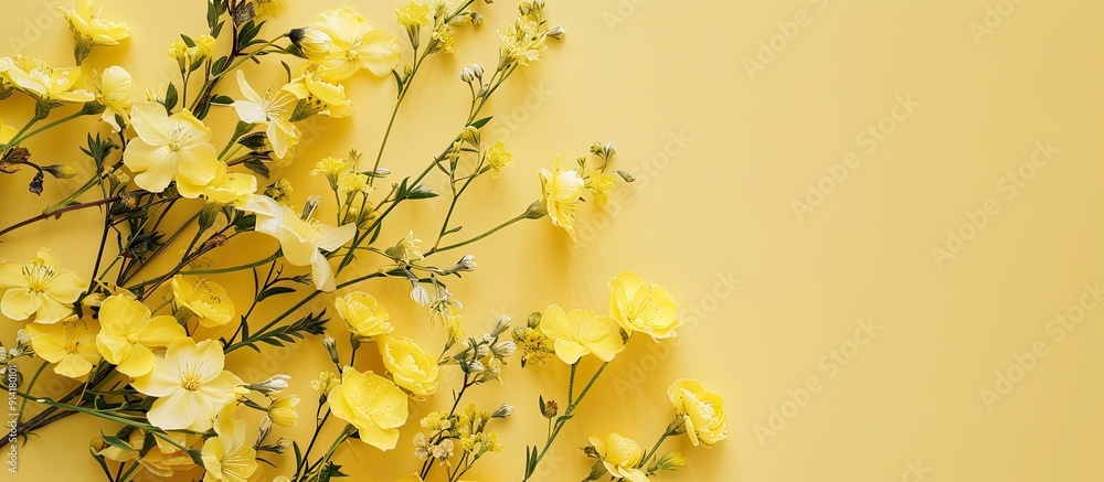 Poster Minimalist floral arrangement with yellow spring blooms on a bright backdrop ideal for your mockup with a top view showcasing a clean design and space for additional elements