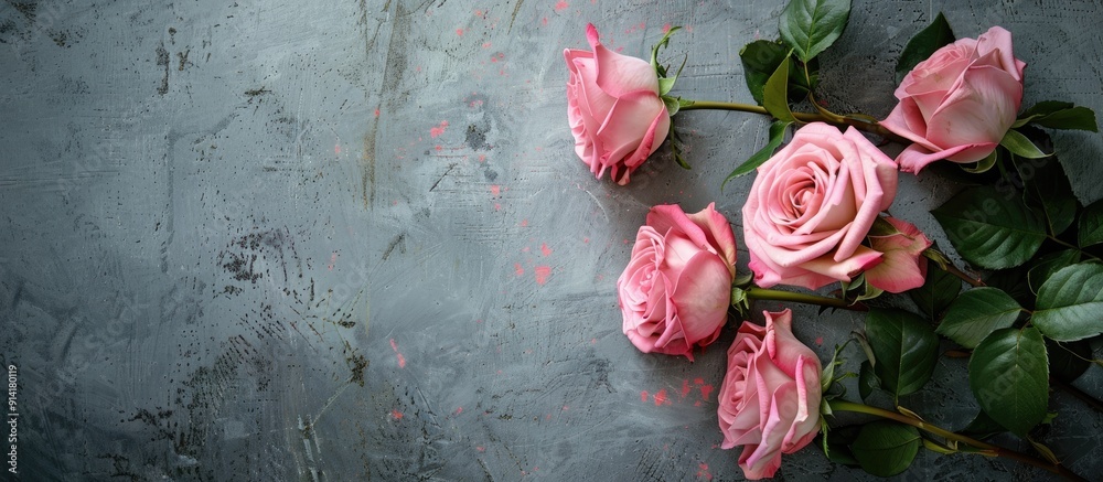 Poster pink roses on a grey background create a romantic floral frame image perfect for valentine s day wit