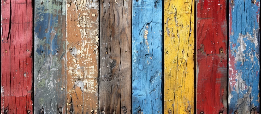 Poster A weathered multi colored wooden fence with an aged cracked surface against a rustic background ideal for a copy space image