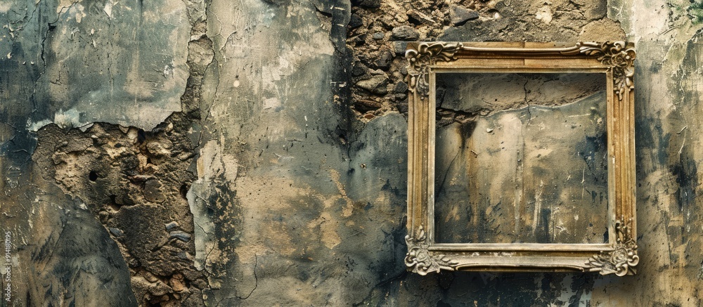 Aufkleber an old rustic wooden frame hangs against a textured stone wall offering a visually appealing copy sp
