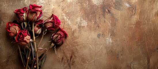 Valentine and love themed arrangement with dried red roses on a brown backdrop showcasing a copy space image