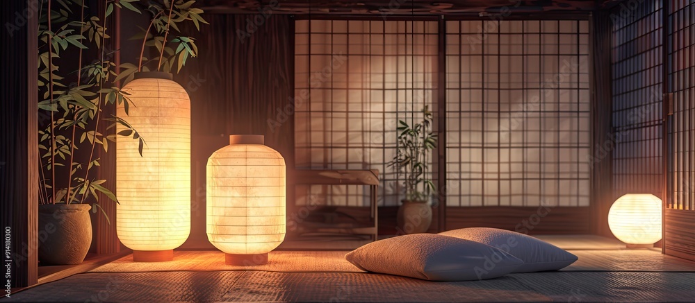 Aufkleber soft light from elegant japanese style lamps illuminates a dimly lit room creating a cozy ambiance w