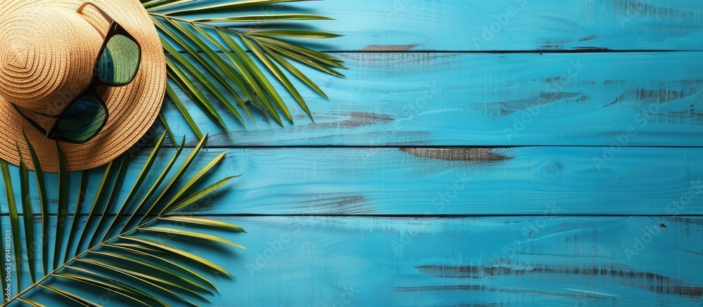Poster image of a palm leaf hat sunglasses on a blue wooden surface with copy space for text evoking a summ