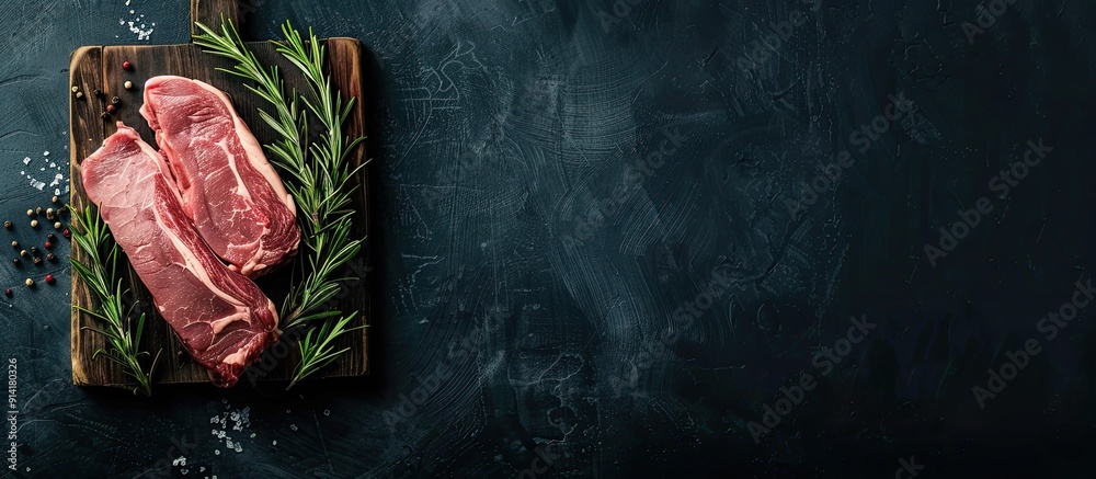 Poster Raw pork with rosemary on a cutting board against a dark background in a top down view perfect for adding recipe text in the copy space image
