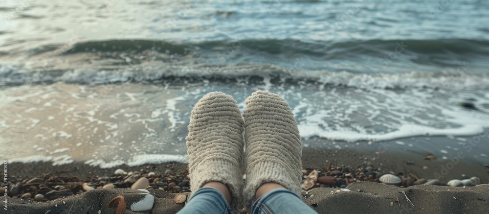Poster legs wearing slippers by the seaside with a scenic background perfect for copy space image