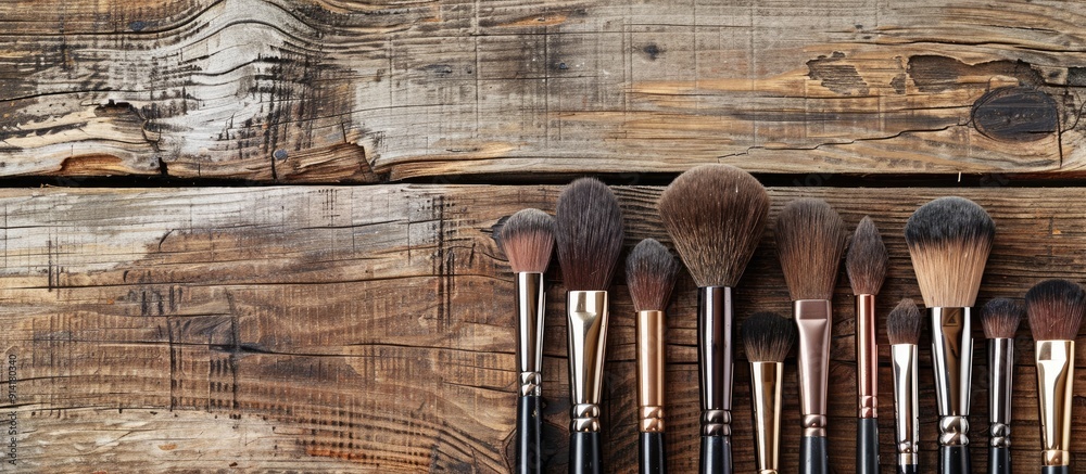 Poster Wooden table displaying a collection of high quality makeup brushes with designated copy space image area