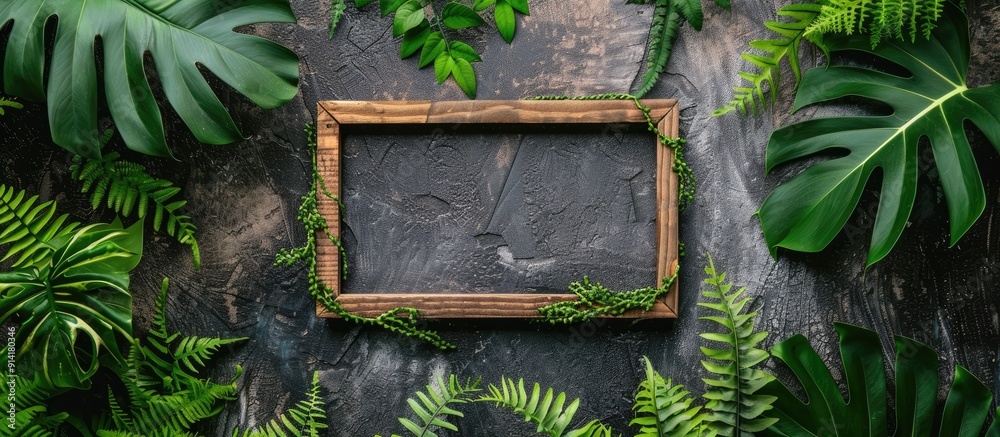 Aufkleber wooden picture frame surrounded by green plants on a weathered gray backdrop suitable for home decor