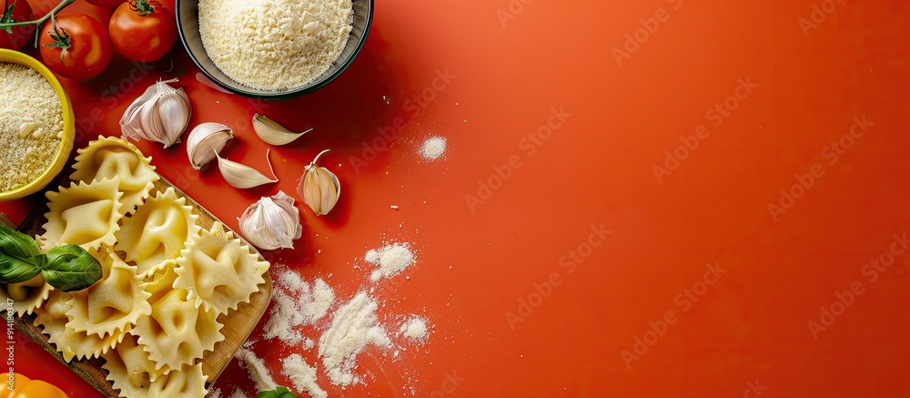 Poster copy space image featuring lasagna ingredients on a colored background