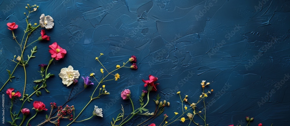 Poster Embroidered flowers on a background suitable for adding text or images known as a copy space image