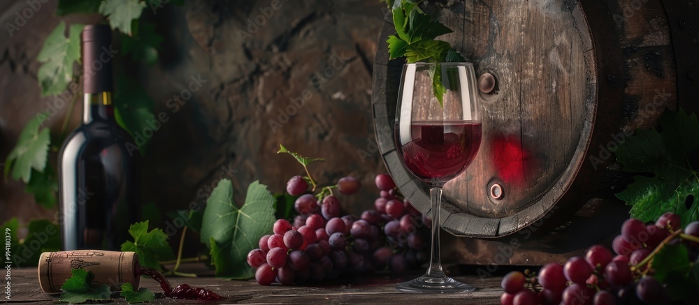 Poster Low key photo featuring a glass of red wine with a bottle wine barrel grapes and vine leaves on a dark rustic backdrop showcasing ample copy space image